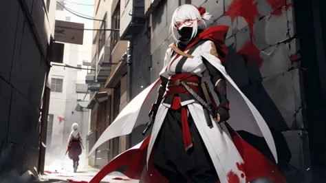A white-haired woman with a serious face stood holding a gun against a wall in an alley, wearing a blood-stained white ninja out...