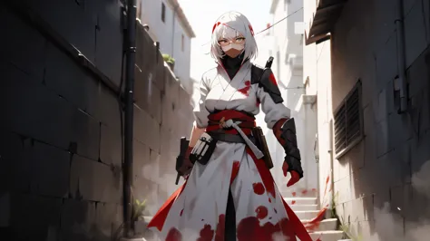 a white-haired woman with a serious face stood holding a gun against a wall in an alley, wearing a blood-stained white ninja out...