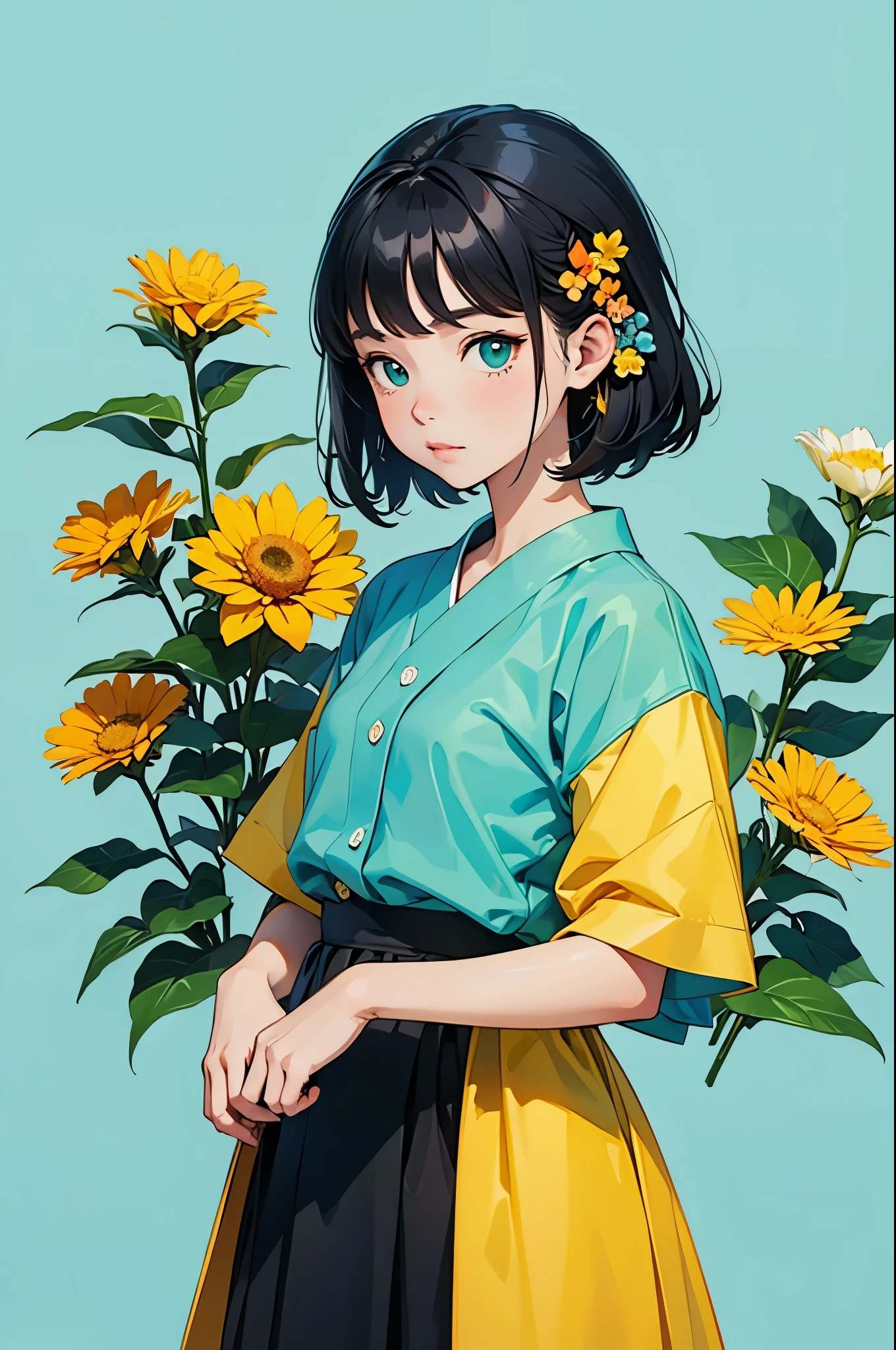 yxycolor，girl ，Read books，Cat，black hair，Simple drawing、green，blue，orange color，illustration，green植物，A small number of flowers，clean background