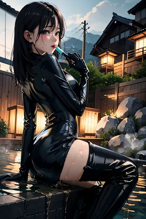 anime, best quality, high quality, highres, beautiful women, high detail, good lighting, lewd, hentai, (((black leather catsuit ...