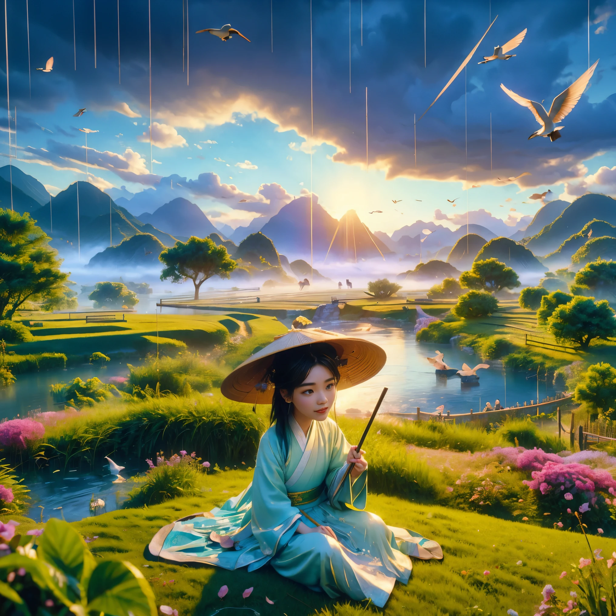 In a gentle, drizzling rain characteristic of Qingming Festival, a charming scene unfolds: a cute Chinese boy, clad in light-colored Hanfu with a straw hat, lies atop a black bull, leisurely chewing on a straw. Surrounded by a lush, verdant field with a flowing river, grasslands, and distant mountains, the atmosphere is serene. Birds glide in the misty sky. This tableau is rendered in a vivid Disney Pixar style, featuring the boy with large, watery eyes. The scene is brought to life with ray tracing and octane rendering techniques, showcasing clay-like textures and dynamic, animated lighting. Created using 3D C4D and Blender for ultra-high definition at 8K resolution, this blend of traditional charm and modern animation techniques captures the tranquil and reflective essence of Qingming, all while adhering to IP authorization for the highest quality visualization.