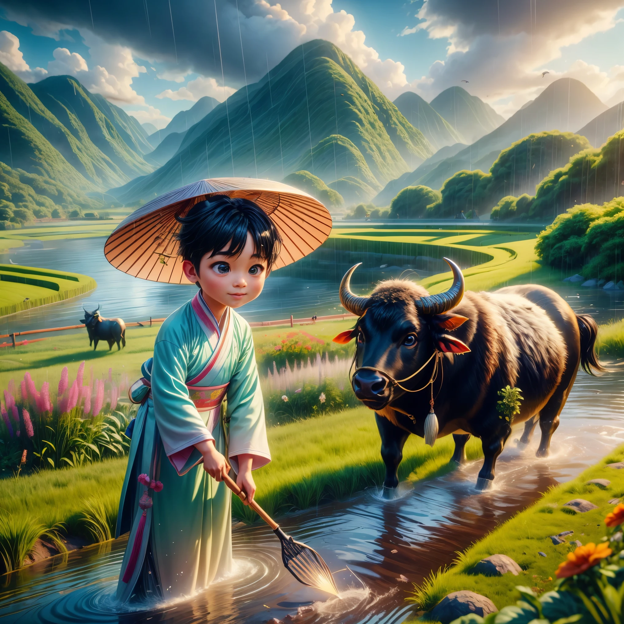 During the Qingming Festival, under a gentle rain, an adorable Chinese boy in light-colored Hanfu is engaged in planting vegetables with a hoe, while a black bull munches on grass nearby, reminiscent of characters from Pop Mart. The setting is a field with a river, grasslands, and mountains in the distance, under a sky where birds are soaring, symbolizing vibrant spring life. The character is designed in a Disney Pixar style, featuring big, watery eyes and bright colors. The scene utilizes ray tracing and octane rendering techniques to achieve a wide-angle perspective, clay-like textures, and dynamic, animated lighting. This 3D artwork is created using C4D and OC rendering, offering a vivid and high-quality depiction of this rich, pastoral scene.