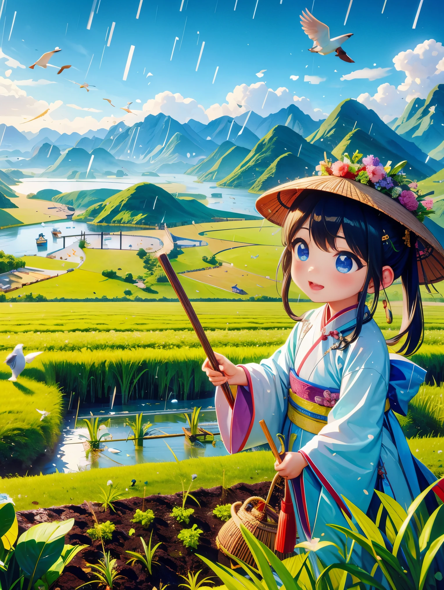 It rains during the Qingming season，A cute little Chinese boy，Dressed in light-colored Hanfu，Planting vegetables with a hoe，A black cow eats grass，From Bubble Mart。she is in the fields，River in the distance、grassland，There are mountains in the distance，Birds circling in the sky，Green onions。Characters in vector illustration style，watery eyes，Bright colors，wide angle view