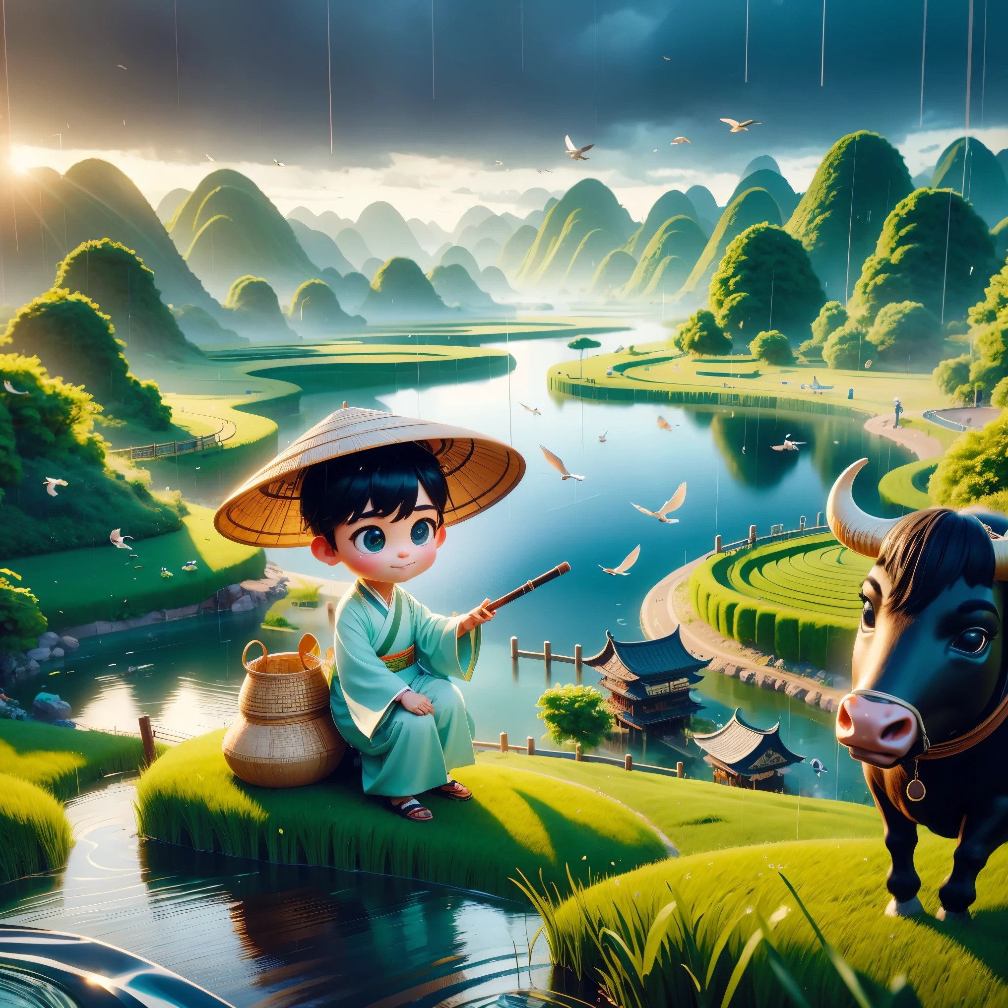 It rains during the Qingming season，A cute little Chinese boy，Dressed in light-colored Hanfu，Wearing a straw hat lying on the back of a black cow，Holding grass in mouth，From Bubble Mart。he is in the fields，River in the distance、grassland，There are mountains in the distance，Birds circling in the sky，Green onions。Characters in Disney Pixar style，big watery eyes，Bright colors。Ray tracing、Octane rendering technology，wide angle view，Clay material，animated lights。3D production，Use C4D、OC rendering、Blender software，IP based authorization，highest quality，ultra high definition，8k resolution。