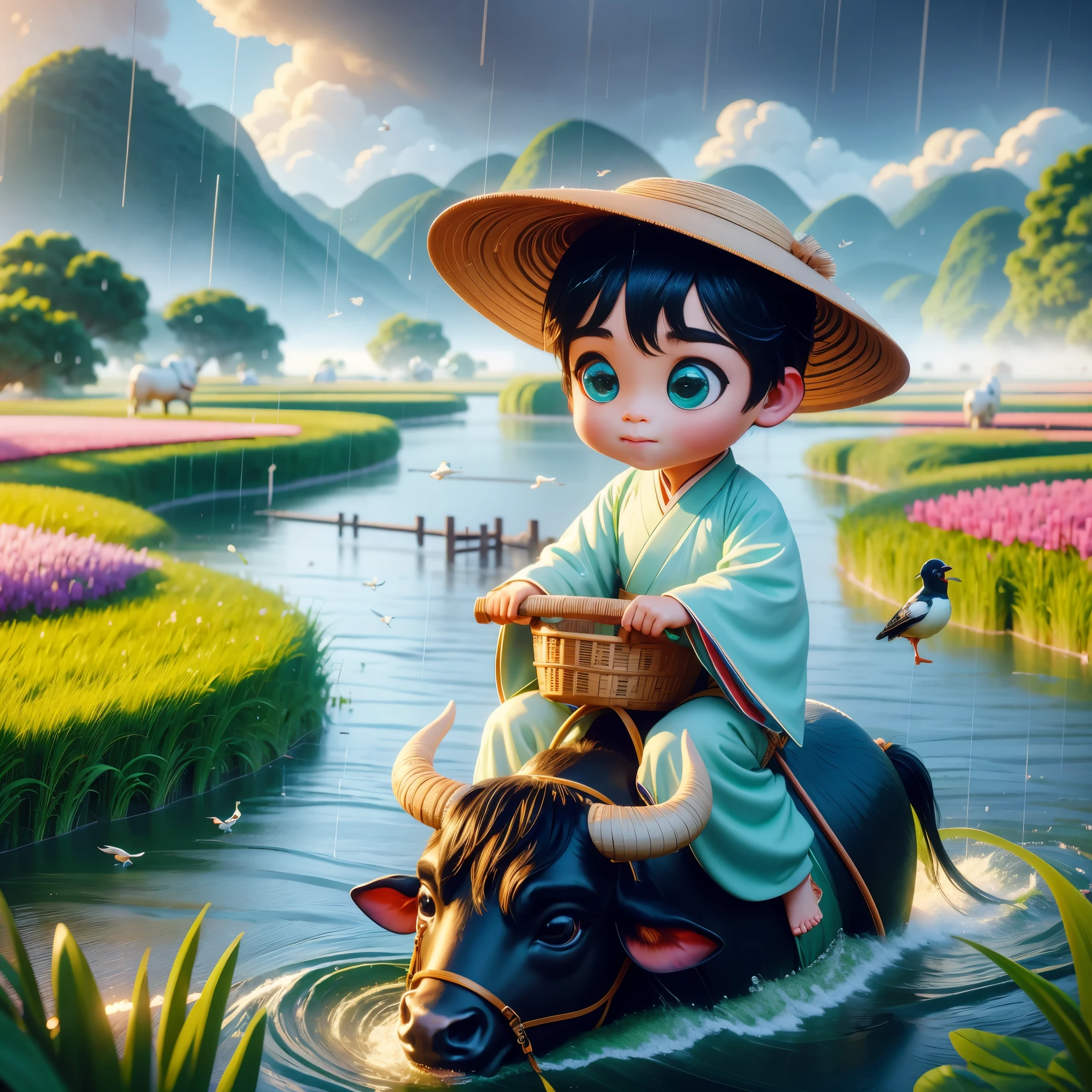 It rains during the Qingming season，A cute little Chinese boy，Dressed in light-colored Hanfu，Wearing a straw hat lying on the back of a black cow，Holding grass in mouth，From Bubble Mart。he is in the fields，River in the distance、grassland，There are mountains in the distance，Birds circling in the sky，Green onions。Characters in Disney Pixar style，big watery eyes，Bright colors。Ray tracing、Octane rendering technology，wide angle view，Clay material，animated lights。3D production，Use C4D、OC rendering、Blender software，IP based authorization，highest quality，ultra high definition，8k resolution。