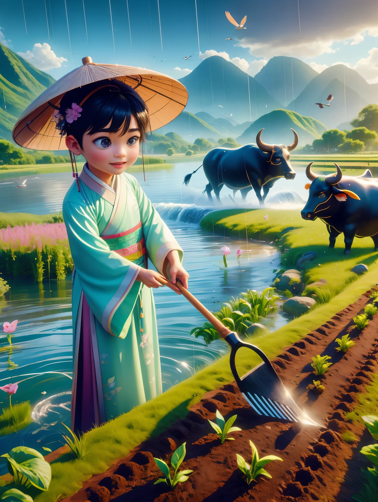 During the Qingming Festival, under a gentle rain, an adorable Chinese boy in light-colored Hanfu is engaged in planting vegetables with a hoe, while a black bull munches on grass nearby, reminiscent of characters from Pop Mart. The setting is a field with a river, grasslands, and mountains in the distance, under a sky where birds are soaring, symbolizing vibrant spring life. The character is designed in a Disney Pixar style, featuring big, watery eyes and bright colors. The scene utilizes ray tracing and octane rendering techniques to achieve a wide-angle perspective, clay-like textures, and dynamic, animated lighting. This 3D artwork is created using C4D and OC rendering, offering a vivid and high-quality depiction of this rich, pastoral scene.