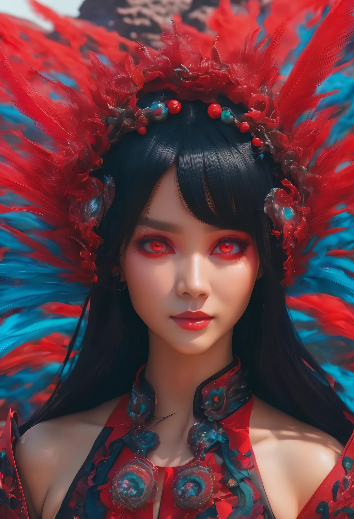 black hair, hair bobbles, wince, longeyelashes, expressive red eyes, light smile, fang, Surrealism, drop shadow, anaglyph, stereogram, tachi-e, pov, atmospheric perspective, 8k, super detail, accurate, best quality