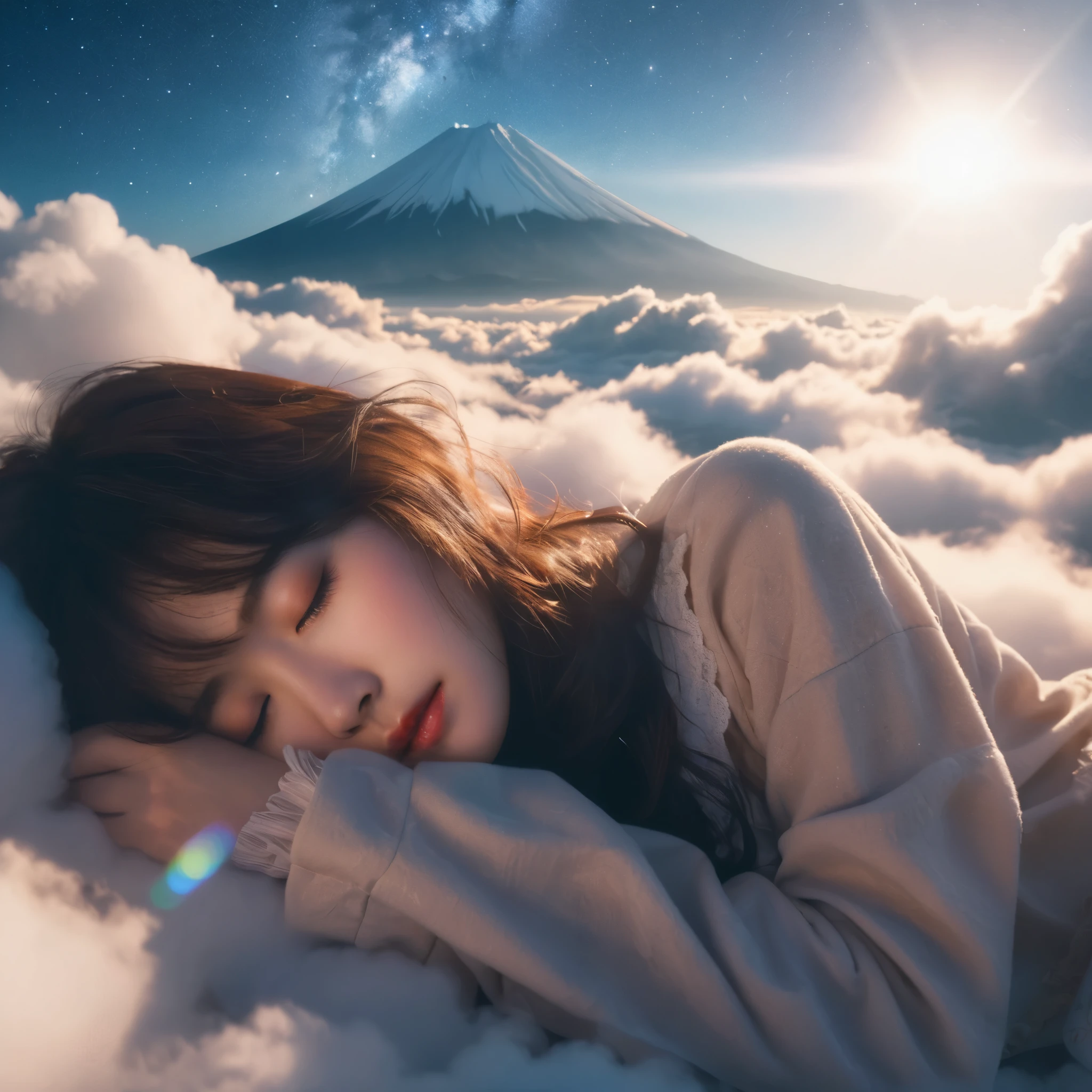 (masterpiece, best quality, RAW photo, photorealistic, 8k, realistic), beautiful Japanese girl, Japanese idol, 18yo, brown hair, wavy and medium hair, detailed skin, closed eyes, detailed cute pajamas, sleeping on cloud, BREAK a view of mount Fuji through a break in the clouds, sunrise, beautiful night sky, starry sky, beautiful blue sky, (lens flare:1.2)