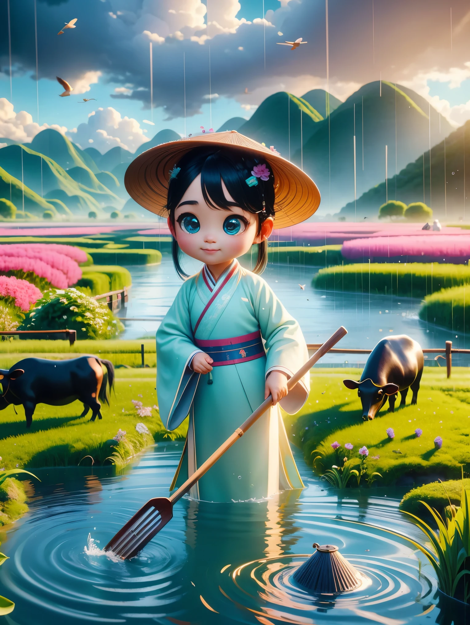 It rains during the Qingming season，A cute little Chinese boy，Dressed in light-colored Hanfu，Planting vegetables with a hoe，A black cow eats grass，From Bubble Mart。she is in the fields，River in the distance、grassland，There are mountains in the distance，Birds circling in the sky，Green onions。Characters in Disney Pixar style，watery eyes，Bright colors。Ray tracing、Octane rendering technology，wide angle view，Clay material，animated lights。3D production，Use C4D、OC rendering