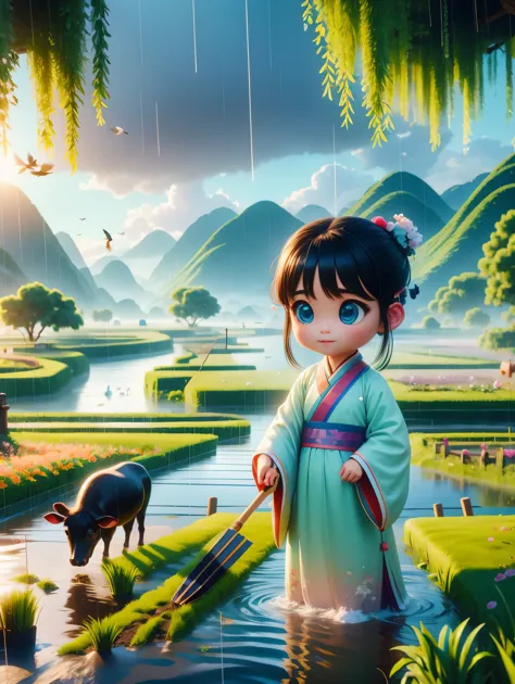 it rains during the qingming season，a cute little chinese boy，dressed in light-colored hanfu，planting vegetables with a hoe，a bl...