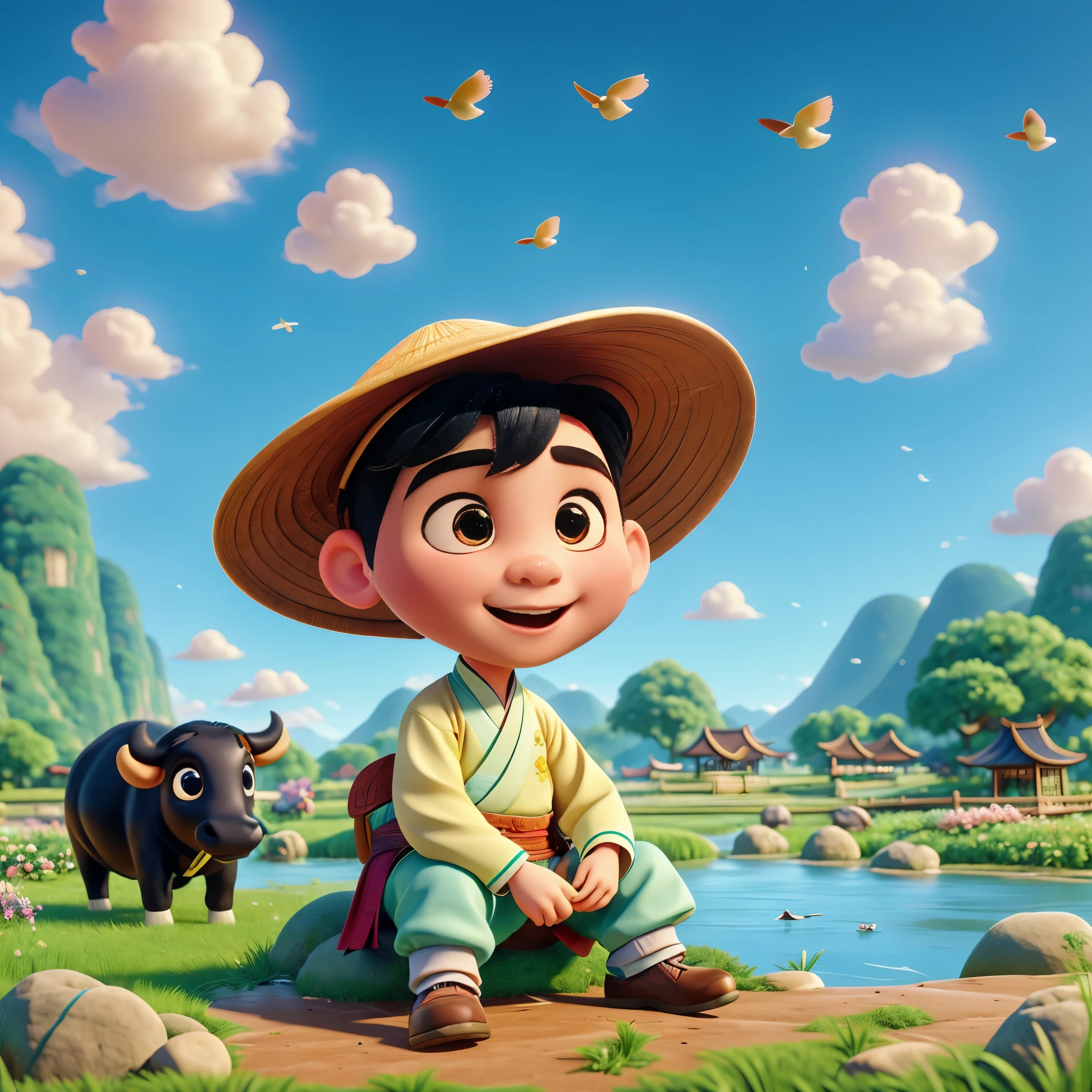 During the Qingming Festival, a gentle rain, an adorable Chinese boy in light-colored Hanfu and wearing a straw hat is sitting atop a black bull, playing a flute, reminiscent of characters from Pop Mart. They are in a field with a river, grasslands, and distant mountains, under a sky with circling birds, depicting vibrant spring life. The boy is rendered in a Disney Pixar style, with big, watery eyes and vivid colors. The scene uses ray tracing and octane rendering techniques for a wide-angle view, with clay-like textures and dynamic, animated lighting. This 3D artwork is created with C4D, OC rendering, and Blender, showcasing rich details and high quality.