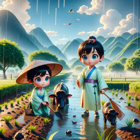 it rains during the qingming season，a cute little chinese boy，dressed in light-colored hanfu，planting vegetables with a hoe，a bl...