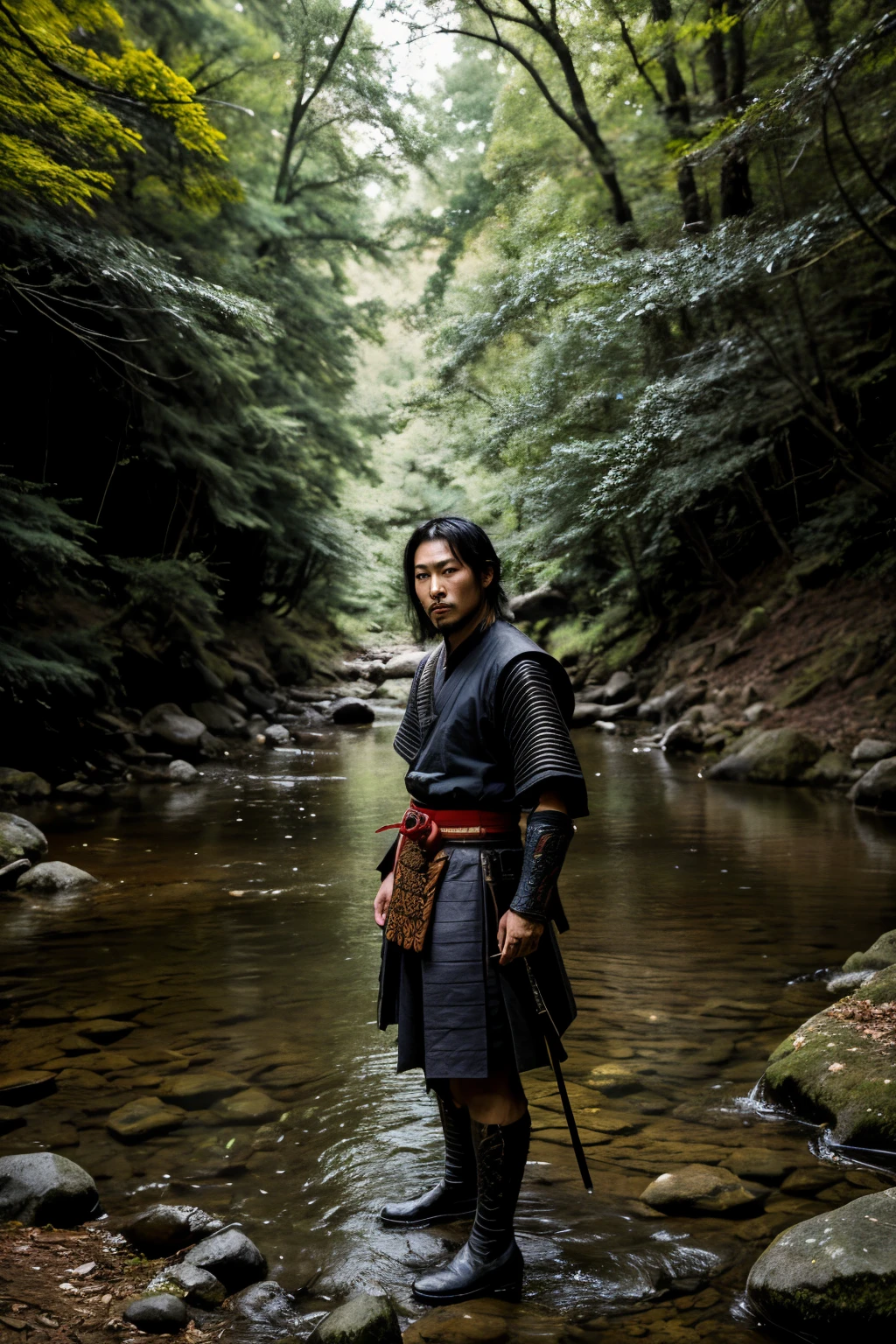 Handsome Samurai warrior standing at the edge of a creek, torn and tattered from war and looking for a place to rest his weary head in the beautiful and serene forest