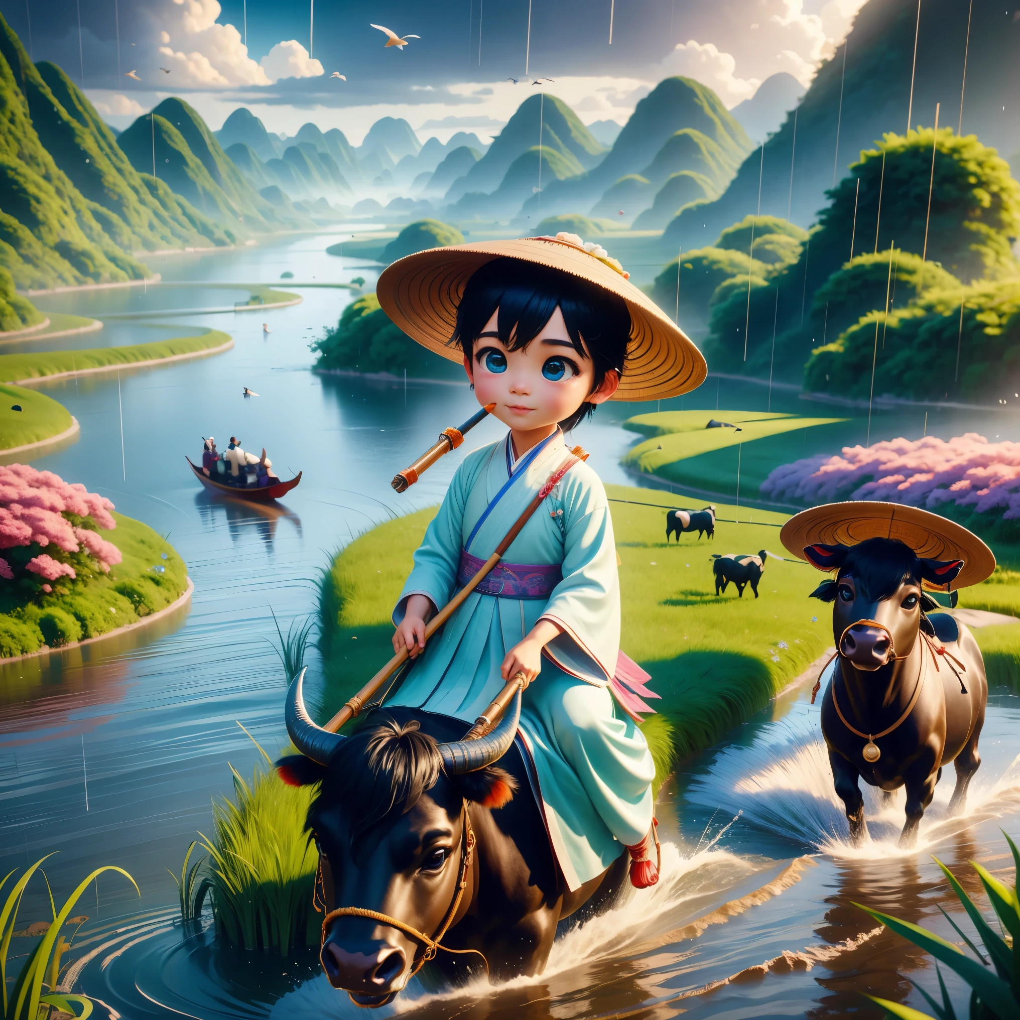 It rains during the Qingming season，A cute little Chinese boy，Dressed in light-colored Hanfu，Wearing a straw hat and riding on the back of a black cow，((playing the flute))，he is in the fields，River in the distance、grassland，There are mountains in the distance，Birds circling in the sky，Green onions。Characters in Disney Pixar style，watery eyes，Bright colors。Ray tracing、Octane rendering technology，wide angle view，Clay material，animated lights。3D production，Use C4D、OC rendering、Blender software，IP based authorization