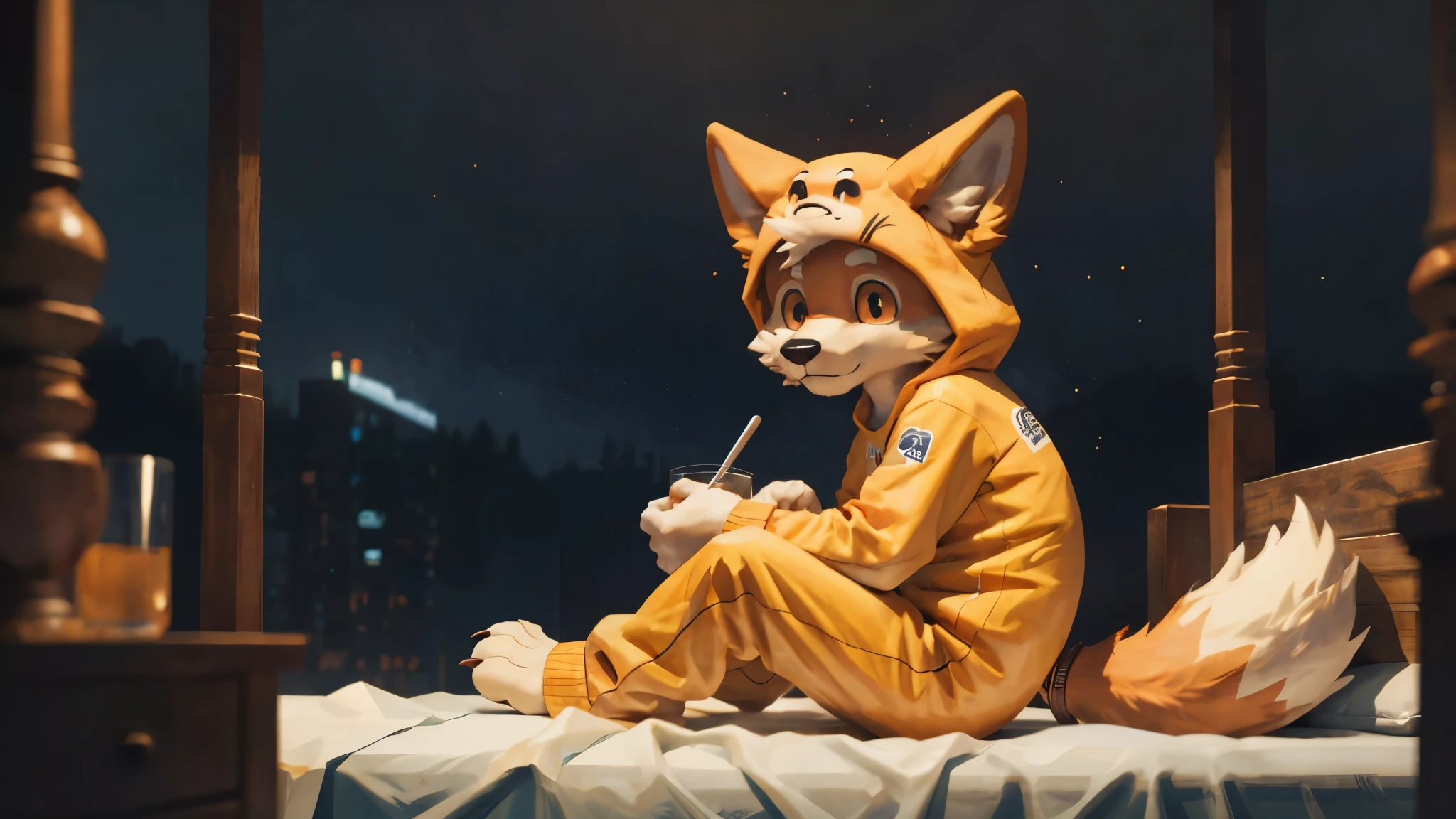 Masterpieces,official art,furry,male,shota,Anthropomorphic orange fox,Delicate face,orange eyes,no hair, animals onesie, bedroom, sitting, cozy room, depth of field, perfect lighting, light particles,(best quality),(masterpiece),(ultra detailed),sharp focus,light particles.
