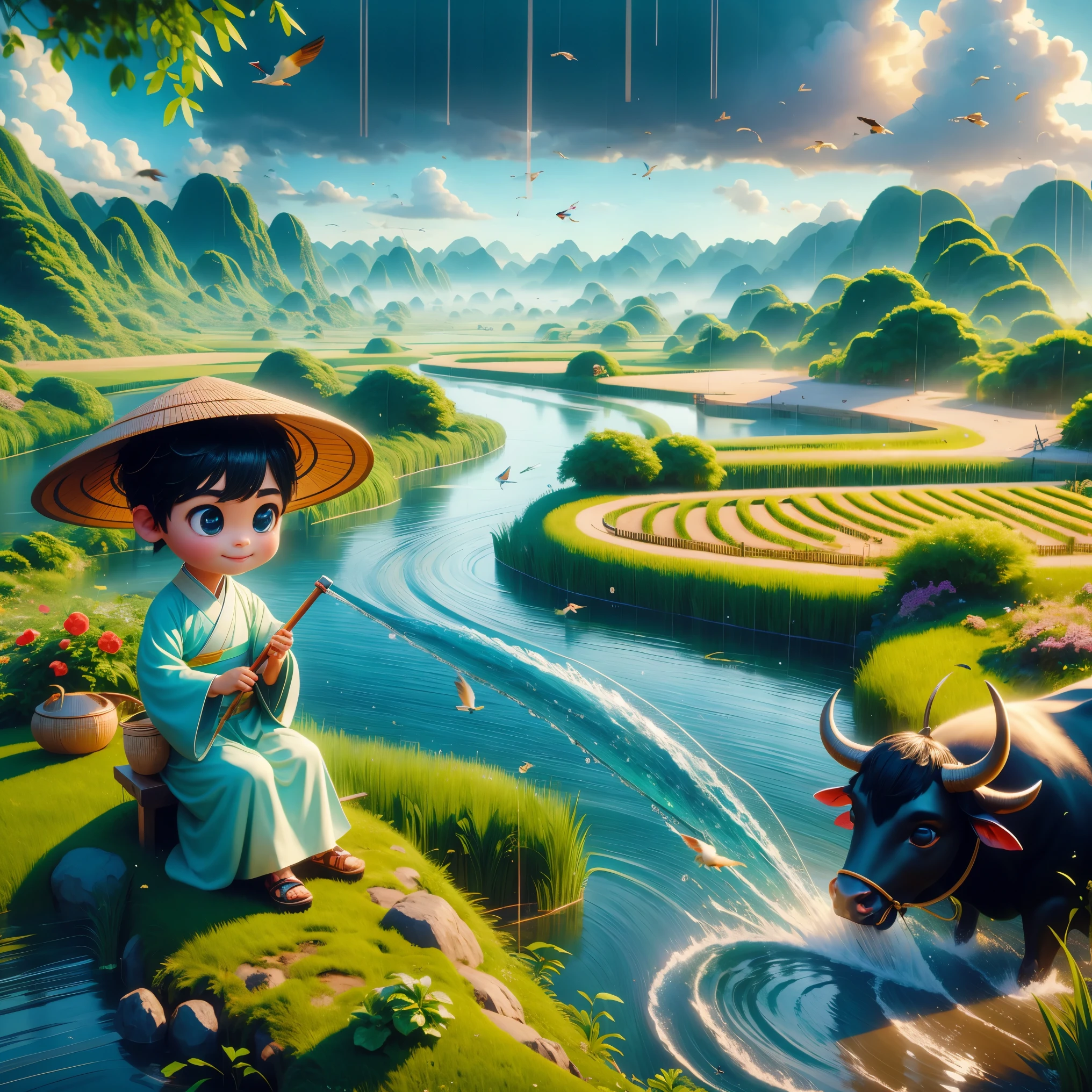 It rains during the Qingming season，A cute little Chinese boy，Dressed in light-colored Hanfu，Wearing a straw hat and riding on the back of a black cow，playing the flute，From Bubble Mart。he is in the fields，River in the distance、grassland，There are mountains in the distance，Birds circling in the sky，Green onions。Characters in Disney Pixar style，watery eyes，Bright colors。Ray tracing、Octane rendering technology，wide angle view，Clay material，animated lights。3D production，Use C4D、OC rendering、Blender software，IP based authorization