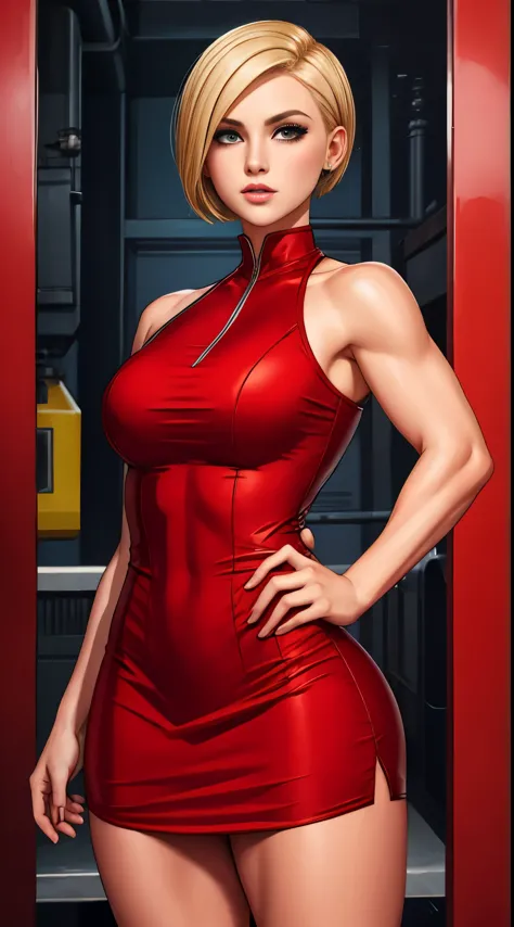 short red dress, undercut platinum bobcut  blonde hair, small breasts, fit, muscular, short hair, mercenary