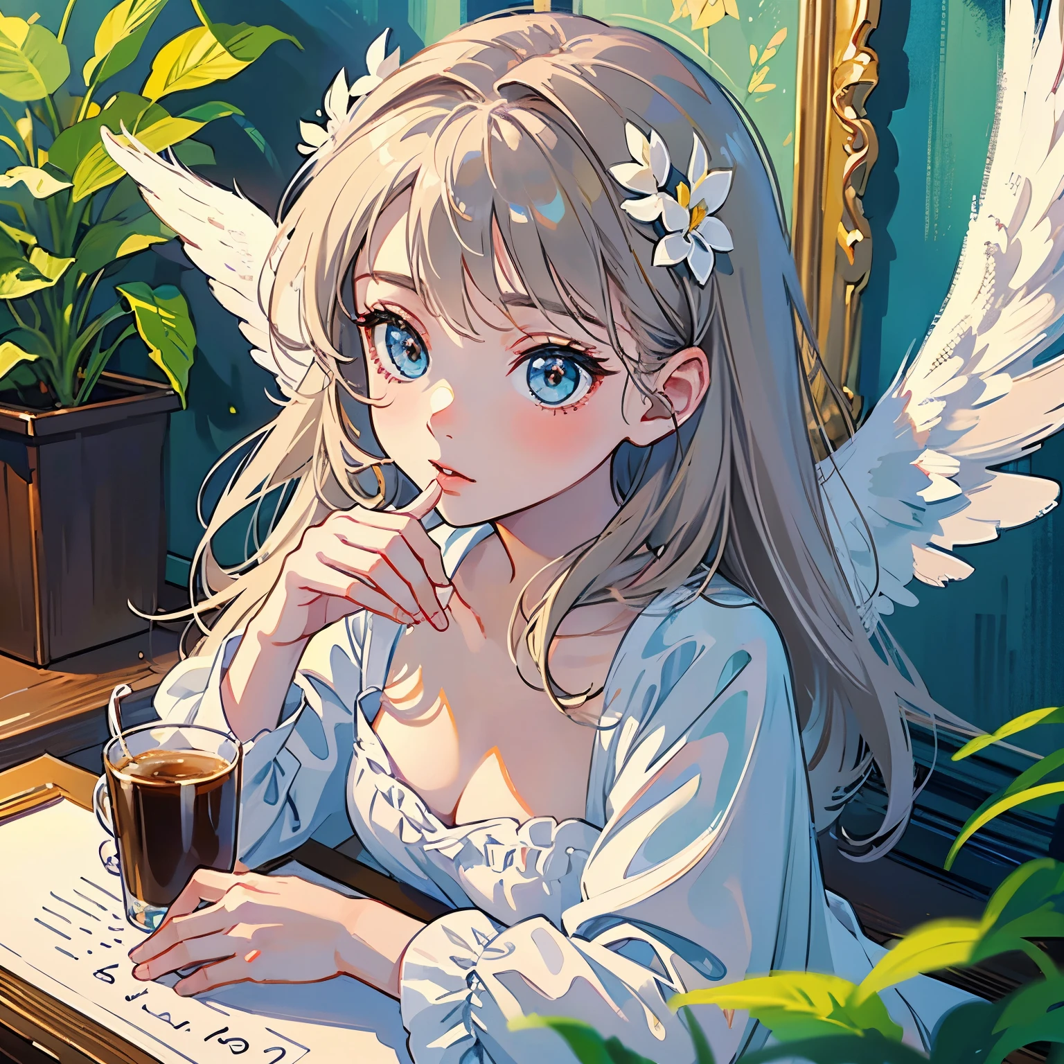 painting of a  with a cup of coffee and ange wings, of an beautiful ange girl, beautiful ange, ange girl, of beautiful ange, portrait of a beautiful ange, beautiful ange girl portrait, angeic, angeical, dark ange of coffee, winged girl ange, adorable peinture numérique, ange-themed, ange, beautiful female ange, young wan ange