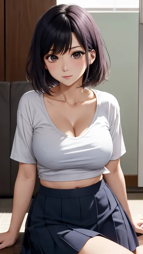 1akane kurokawa,alone,big breasts, cleavage, belly button,open chest t-shirt, ((good)),clothing lift, skirt, Liar, whole body,se...