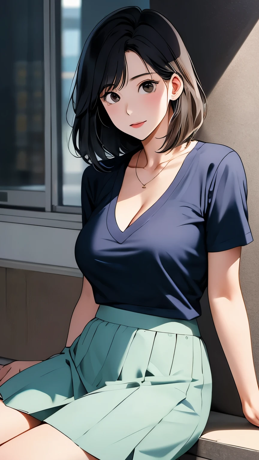 1akane kurokawa,alone,big breasts, cleavage, belly button,open chest t-shirt, ((good)),clothing lift, skirt, Liar, whole body,sexy body,sitting