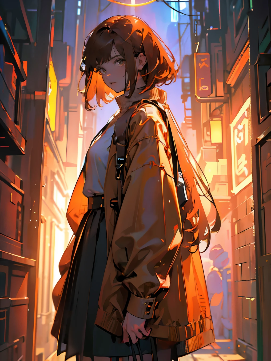 (masterpiece, top quality, best quality, official art, beautiful), female, Orange hair, bob hair, with bangs, brown eyes, Extreme Detail, white shirt, long sleeves, long brown skirt.