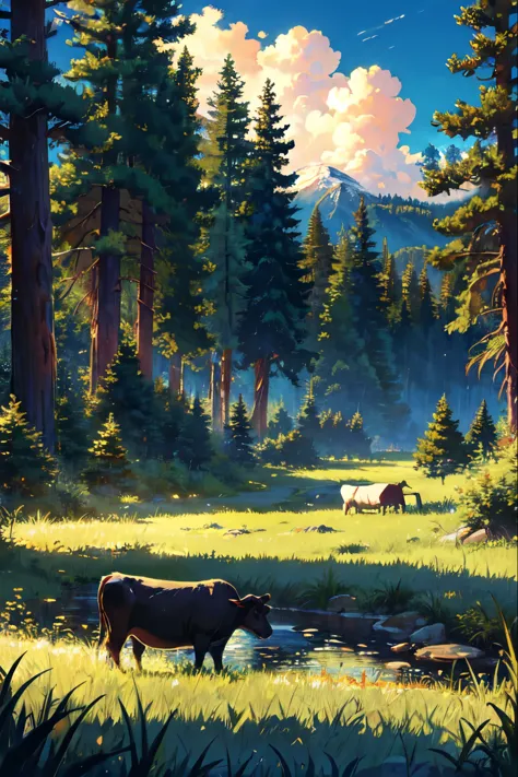 cow,
BREAK (masterpiece, best quality:1.2), outdoors, nature, forest, pines, grass, tall grass, detailed grass, plants, day, clouds,
