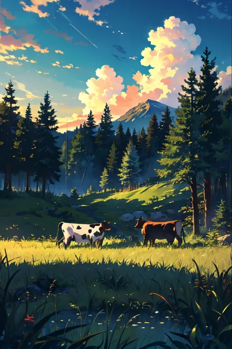 cow,
BREAK (masterpiece, best quality:1.2), outdoors, nature, forest, pines, grass, tall grass, detailed grass, plants, day, clouds,
