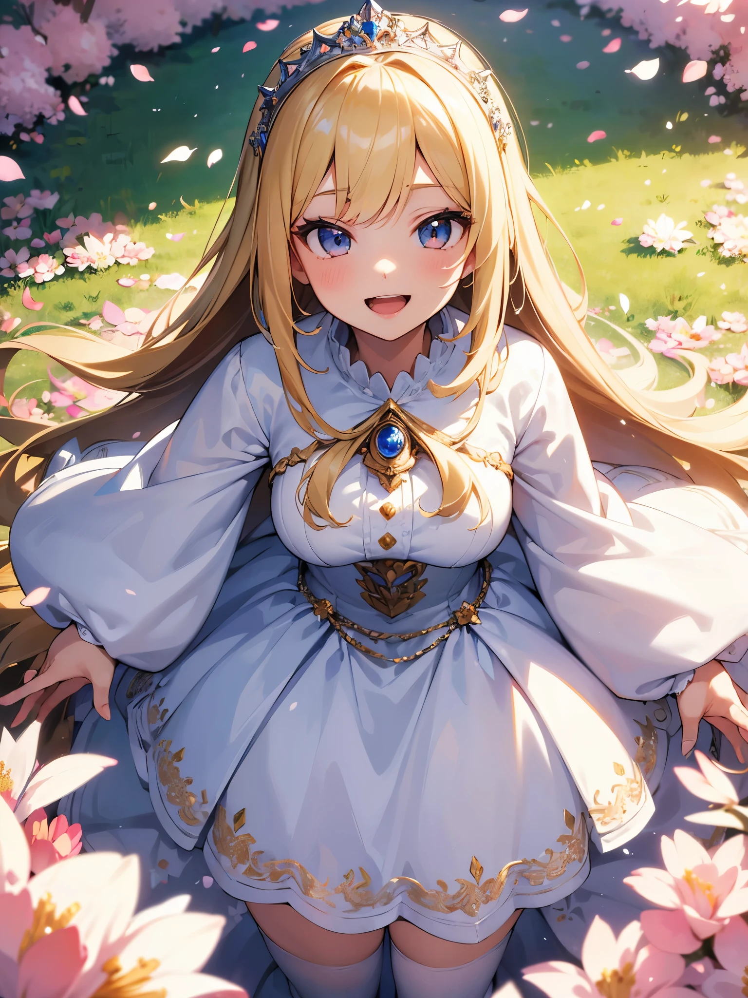 ((masterpiece)), ((best quality)), ((ultra-detailed)),  (hyperdetailed face)、(Super well-formed face) , 1girl, blonde hair, long hair, looking at viewer, princess, white princess dress, tiara, smile, open mouth, outdoors, flower field, ((petals)), long sleeves, long dress, face focus, from above, white thighhighs, dynamic angle, dynamic pose,