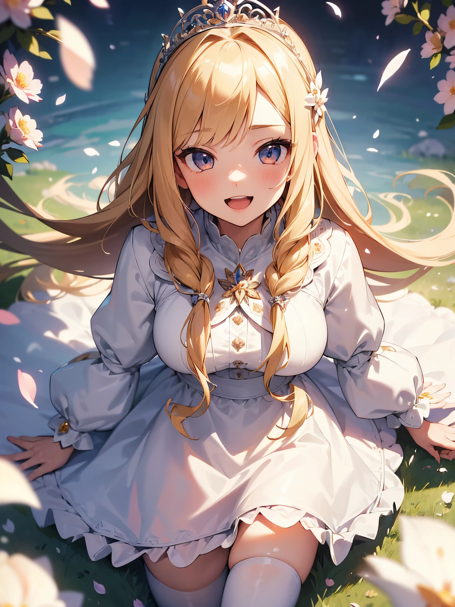 ((masterpiece)), ((best quality)), ((ultra-detailed)),  (hyperdetailed face)、(Super well-formed face) , 1girl, blonde hair, long hair, looking at viewer, princess, white princess dress, tiara, smile, open mouth, outdoors, flower field, ((petals)), long sleeves, long dress, face focus, from above, white thighhighs, dynamic angle, dynamic pose,