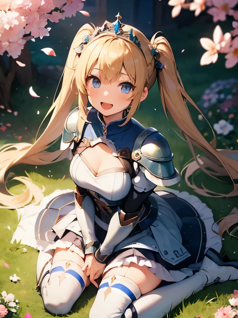 ((masterpiece)), ((best quality)), ((ultra-detailed)), 1girl, armor dress, blue armor, princess, blonde hair, tiara, medium breasts, twintails, long hair, long skirt, knee socks, armor boots, happy smile, open mouth, dynamic angle, zettai ryouiki, sitting, looking up at viewer, holding sword, flower garden, falling petals, wariza, 