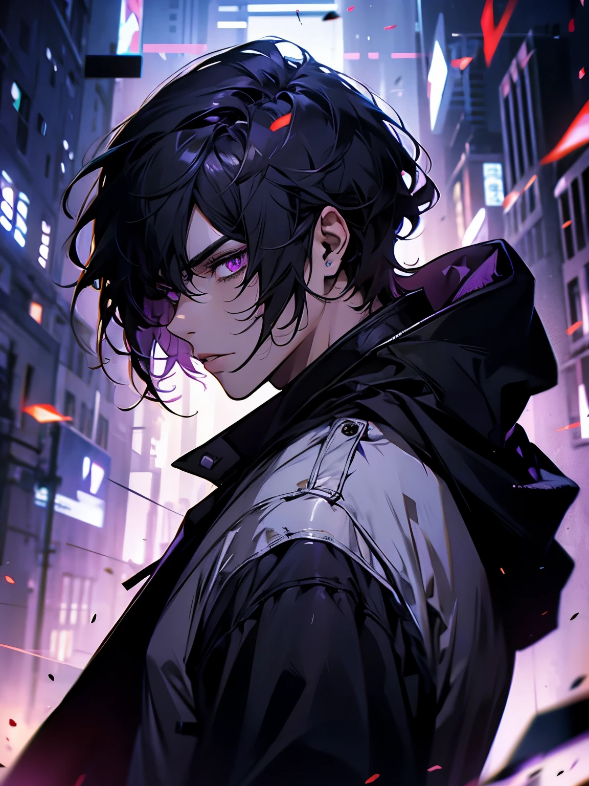 (masterpiece, top quality, best quality, official art, beautiful), male, black hair, blue side hair, with bangs, equals eyes, sharp eyes, purple eyes, Extreme Detail, white shirt, white hood, Effect