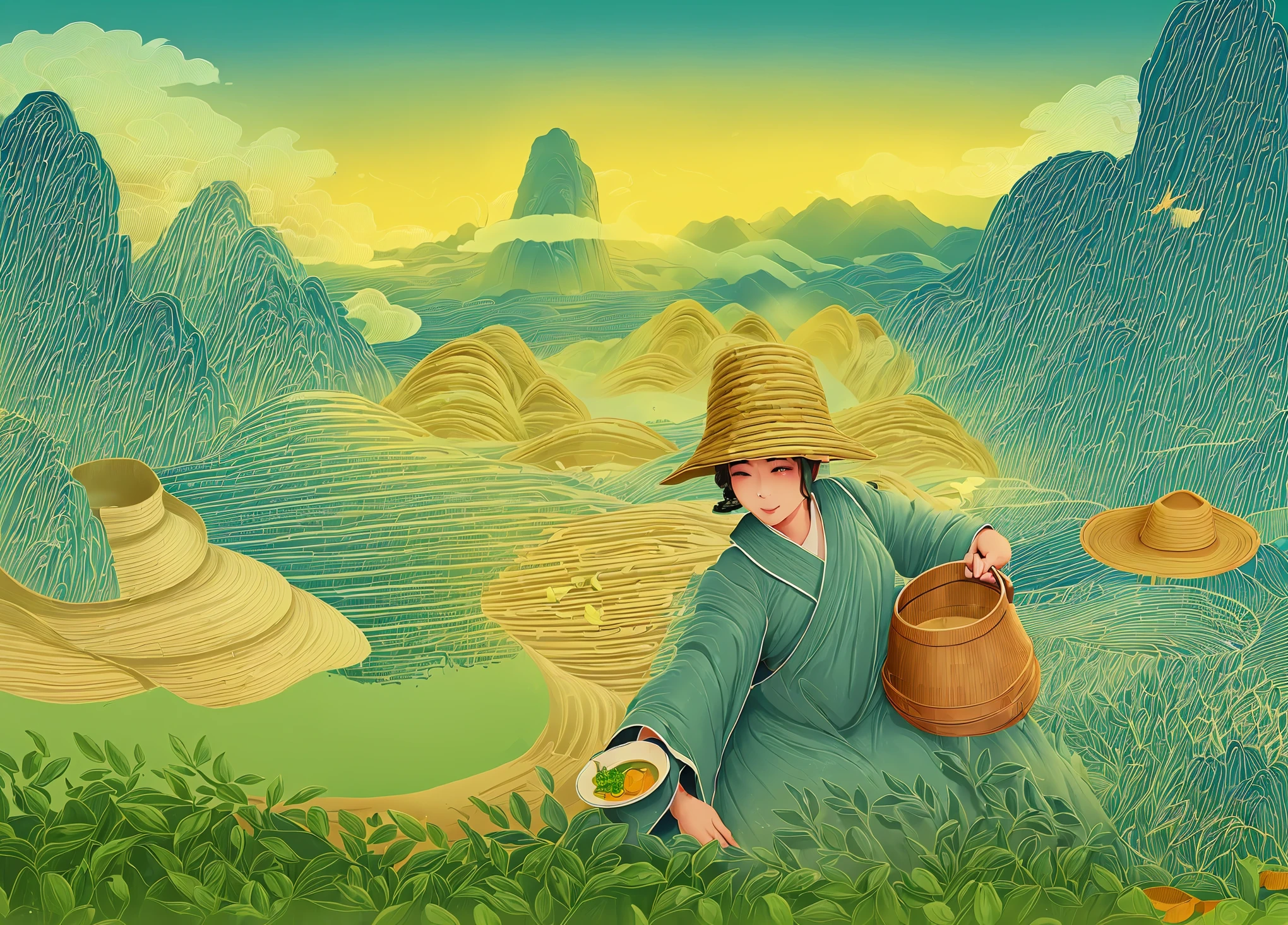 a creative illustration，rolling mountains in the background，shrouded in mist，There are terraces，In the foreground is a tea-picking girl wearing local costumes，Wearing a bamboo hat，Hand-held bamboo basket，Skillfully picking green tea buds。