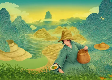 a creative illustration，rolling mountains in the background，shrouded in mist，There are terraces，In the foreground is a tea-picki...