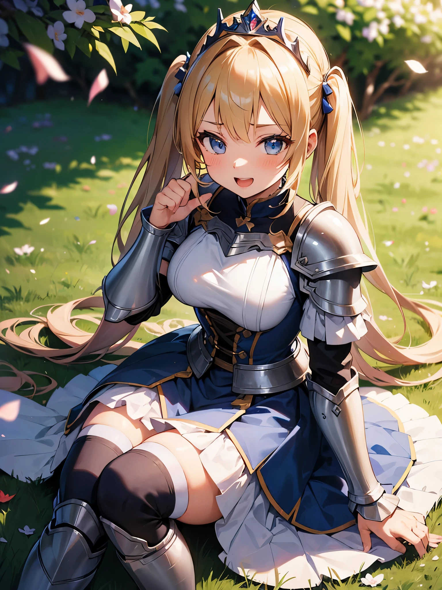 ((masterpiece)), ((best quality)), ((ultra-detailed)), 1girl, armor dress, blue armor, princess, blonde hair, tiara, medium breasts, twintails, long hair, long skirt, knee socks, armor boots, happy smile, open mouth, dynamic angle, zettai ryouiki, sitting, looking up at viewer, holding sword, flower garden, falling petals, wariza, 