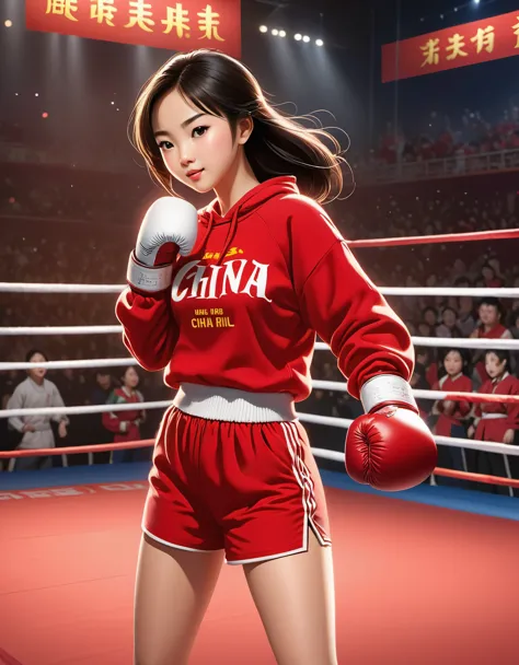 Chinese girl in red blouse boxing, sweatshirt with "china" hand on her waist, animated boxing action, chinese movie poster, at t...