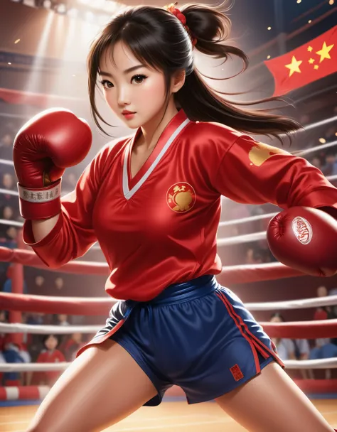 Chinese girl in red blouse in sparring match, "china" on jersey, dynamic kicking action, chinese movie poster, determined expres...