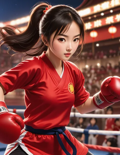 Chinese girl in red blouse in sparring match, "china" on jersey, dynamic kicking action, chinese movie poster, determined expres...