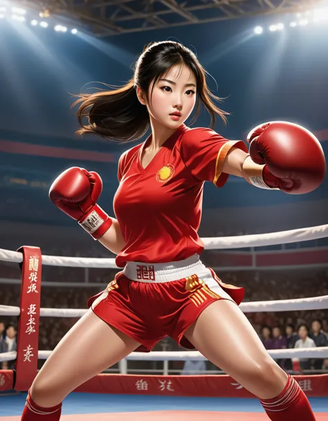 Chinese girl in red blouse at sparring match, "china" on jersey, dynamic kicking action, Chinese movie poster, determined expres...