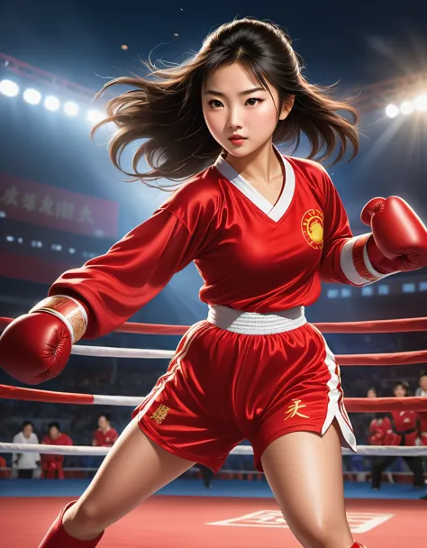 Chinese girl in red blouse at sparring match, "china" on jersey, dynamic kicking action, Chinese movie poster, determined expres...