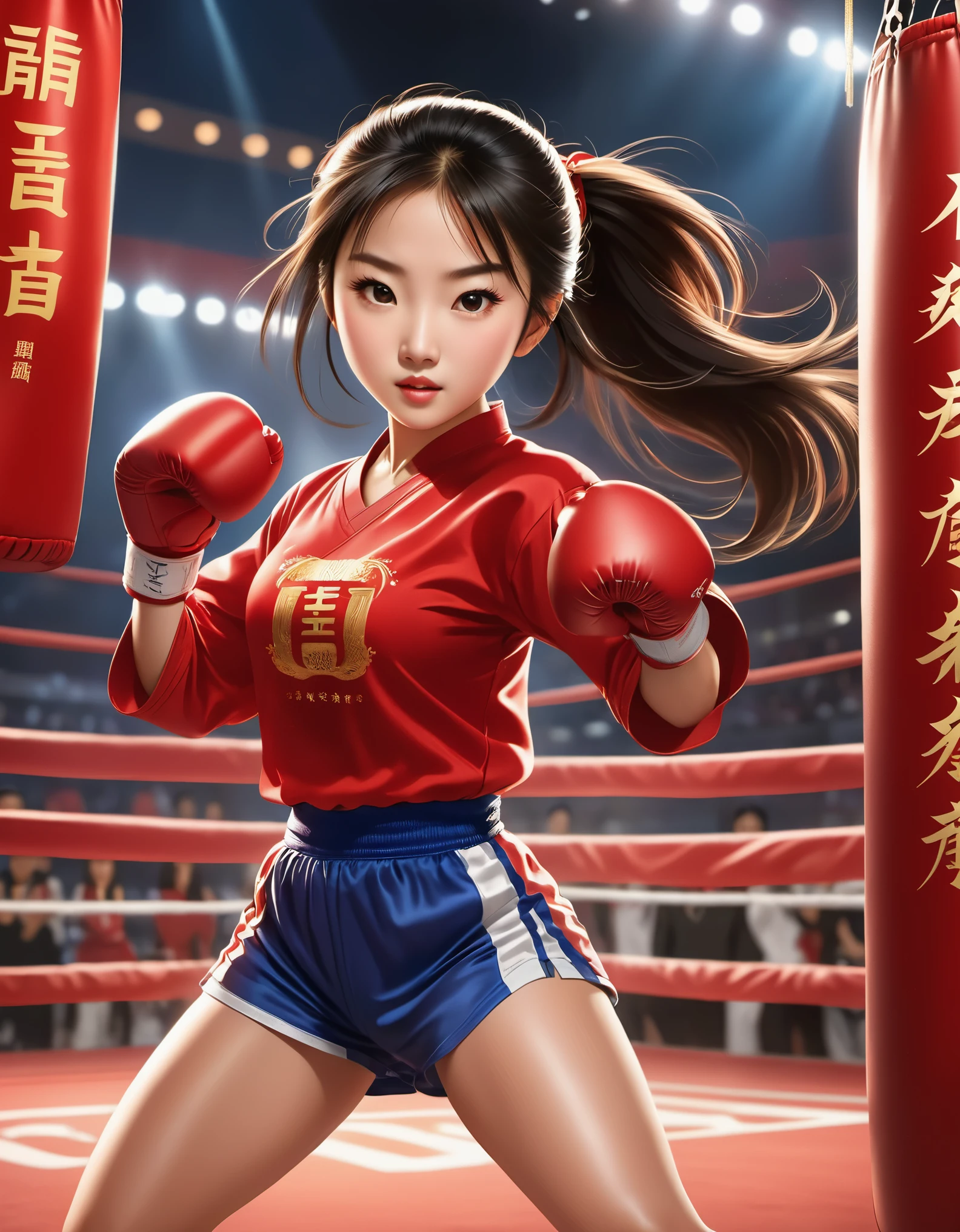 Fille chinoise en chemisier rouge en match d&#39;entraînement, (des lettres "Chine" sur le maillot: 0.85), action de coup de pied dynamique, Affiche du film chinois, expression stoïque, action de match d&#39;entraînement, arrière-plan: trophée du championnat du podium du ring de boxe,...
animation, Studio Ghibli, Illustrations détaillées, art officiel, Style Cavalli, 32k, nuit, fond d&#39;écran HD, Mise au point sélective, style documentaire, 