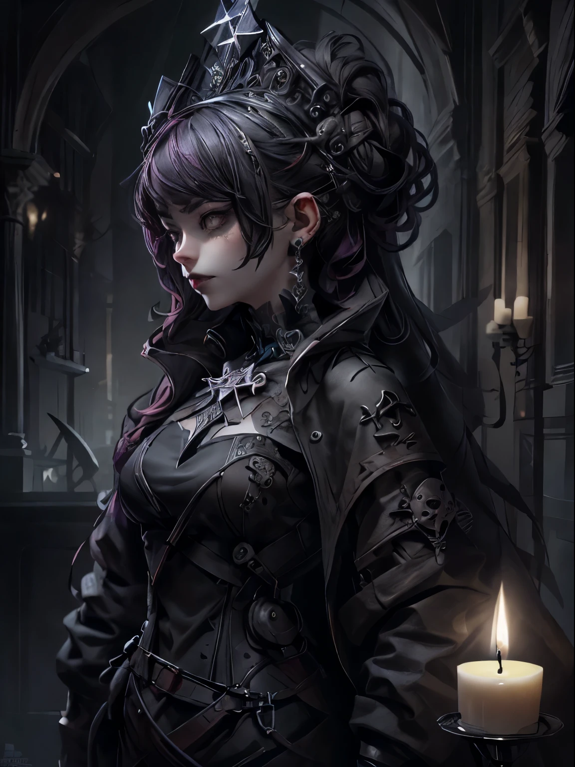 HighestQuali，tmasterpiece：1.2，Detailed details，1 Gothic girl，Black victorian dress，Gorgeous headdress，Bust，Rose flower，crosses，silver ornaments 、redheadwear、colorful hair with victorian updo hairstyle 、paleskin、Black lipstick and eye shadow，Accessories include the Cross Medal，Pentagram，crosses，cloaks，shawl，Sexy，chies，a lit candle, full body image