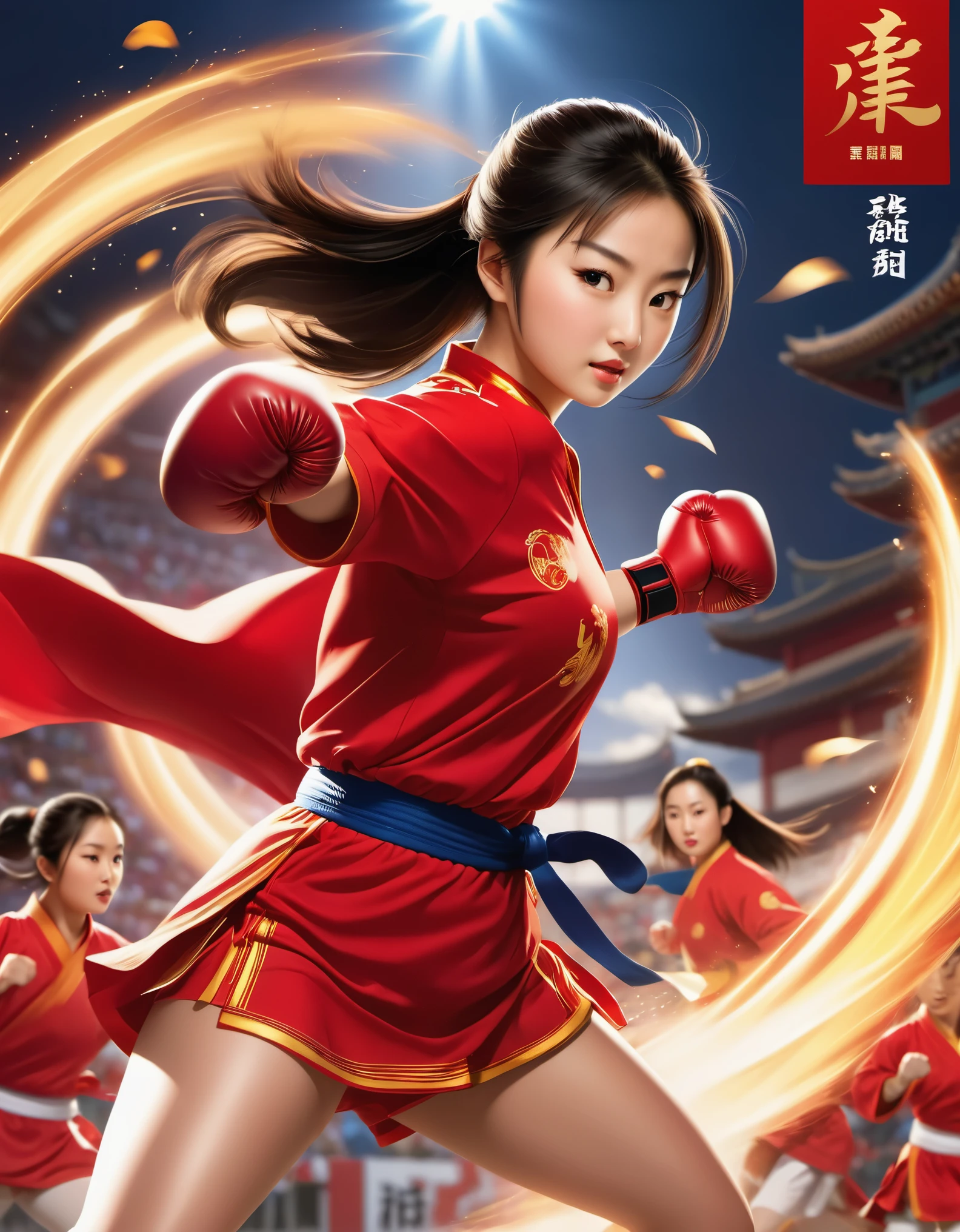 Chinese girl in red blouse in sparring match, (letters "china" on jersey: 0.85), dynamic kicking action, chinese movie poster, stoic expression, sparring match action, background: championship trophy,
Animation, Studio Ghibli, Detailed Illustrations, Official Art, Cavalli Style, 32k, Night, HD Wallpaper, Selective Focus, Documentary Style, 