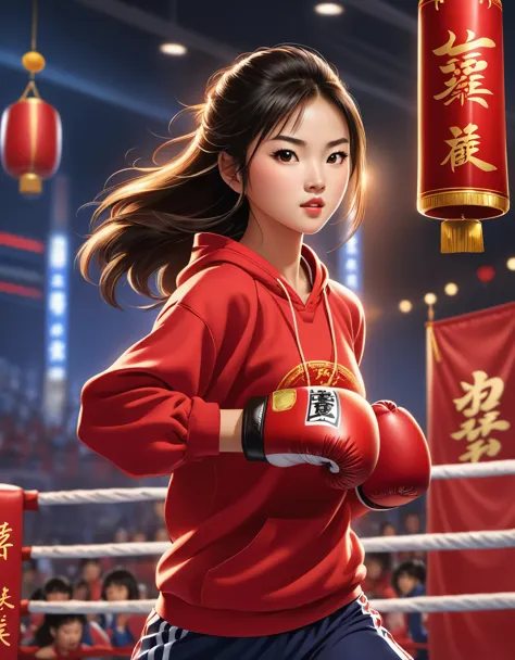 Chinese girl in red blouse boxing, sweatshirt with "china" ，Dynamic kicking action，A determined expression，Sanda competition mov...