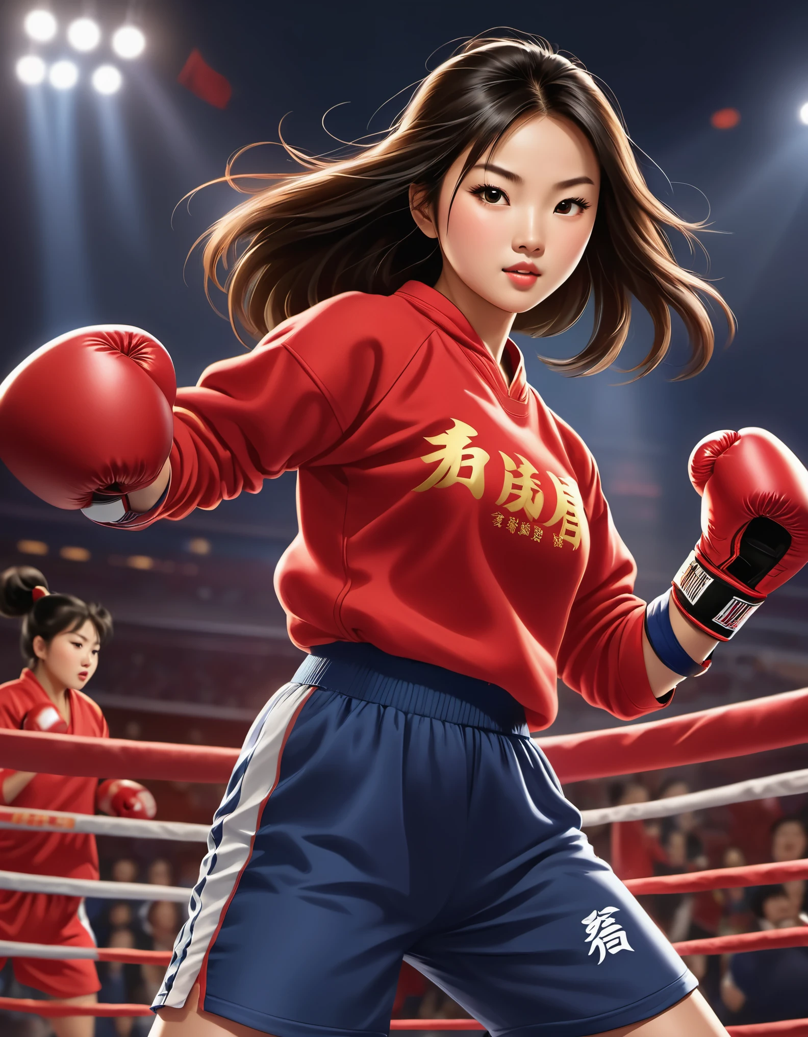 Chinese girl in red blouse boxing, sweatshirt with "china" ，Dynamic kicking action，A determined expression，Sanda competition moves,background：Champion trophy，
China poster,animation, Studio Ghibli,  Detailed illustrations, official art, Kavasi style,  32k，night, HD wallpapers，Selective focusing, Documentary style, 