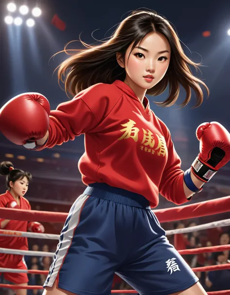 Chinese girl in red blouse boxing, sweatshirt with "china" ，Dynamic kicking action，A determined expression，Sanda competition mov...