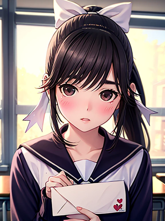 hold a love letter in your chest、ponytail、hair ribbon、sailor suit、classroom、after school、blush、small eyes、UHD, retina, masterpiece, ccurate, anatomically correct, textured skin, super detail, high details, high quality, best quality, highres, 4K