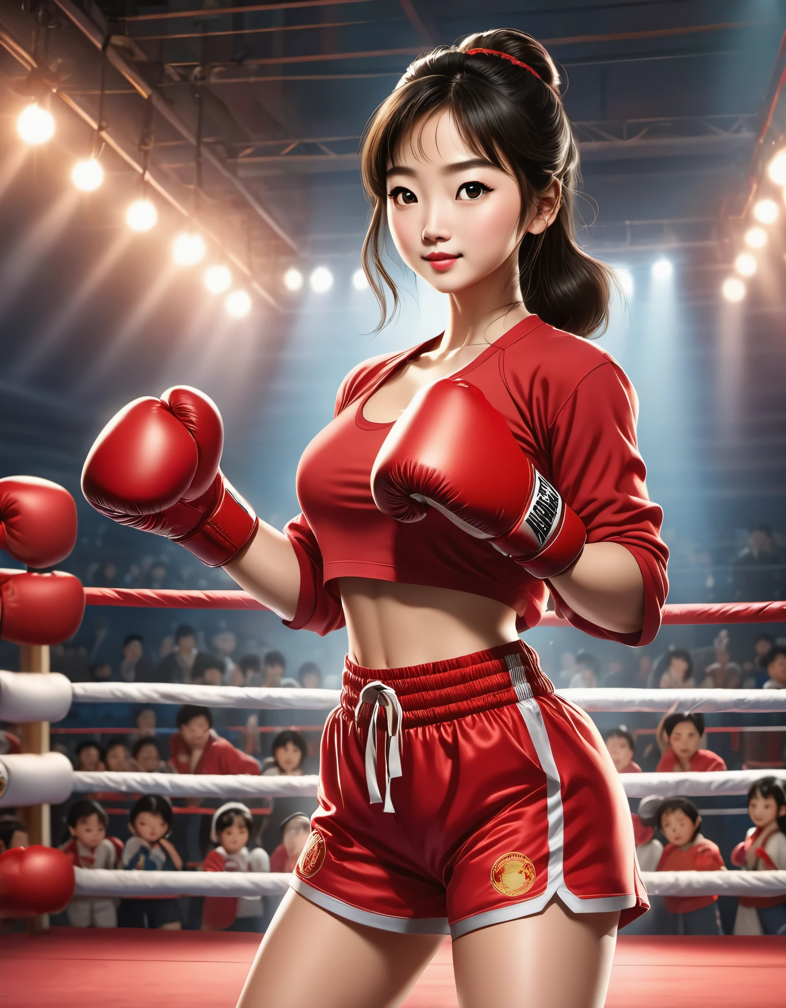 Chinese girl in red blouse standing in a boxing ring, hand on her waist boxing featured in Chinese movie poster, in joyful and optimistic, animation core, studio ghibli, boxing ring, detailed illustration, official art, kawaii style, graceful action, 32k uhd, nocturne, composition, nabis, hd wallpaper selective spotlight, documentary style,