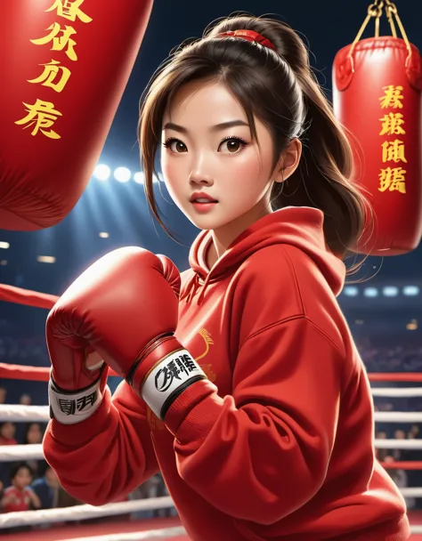 Chinese girl in red blouse boxing, sweatshirt with "china" ，Dynamic kicking action，A determined expression，Sanda competition mov...