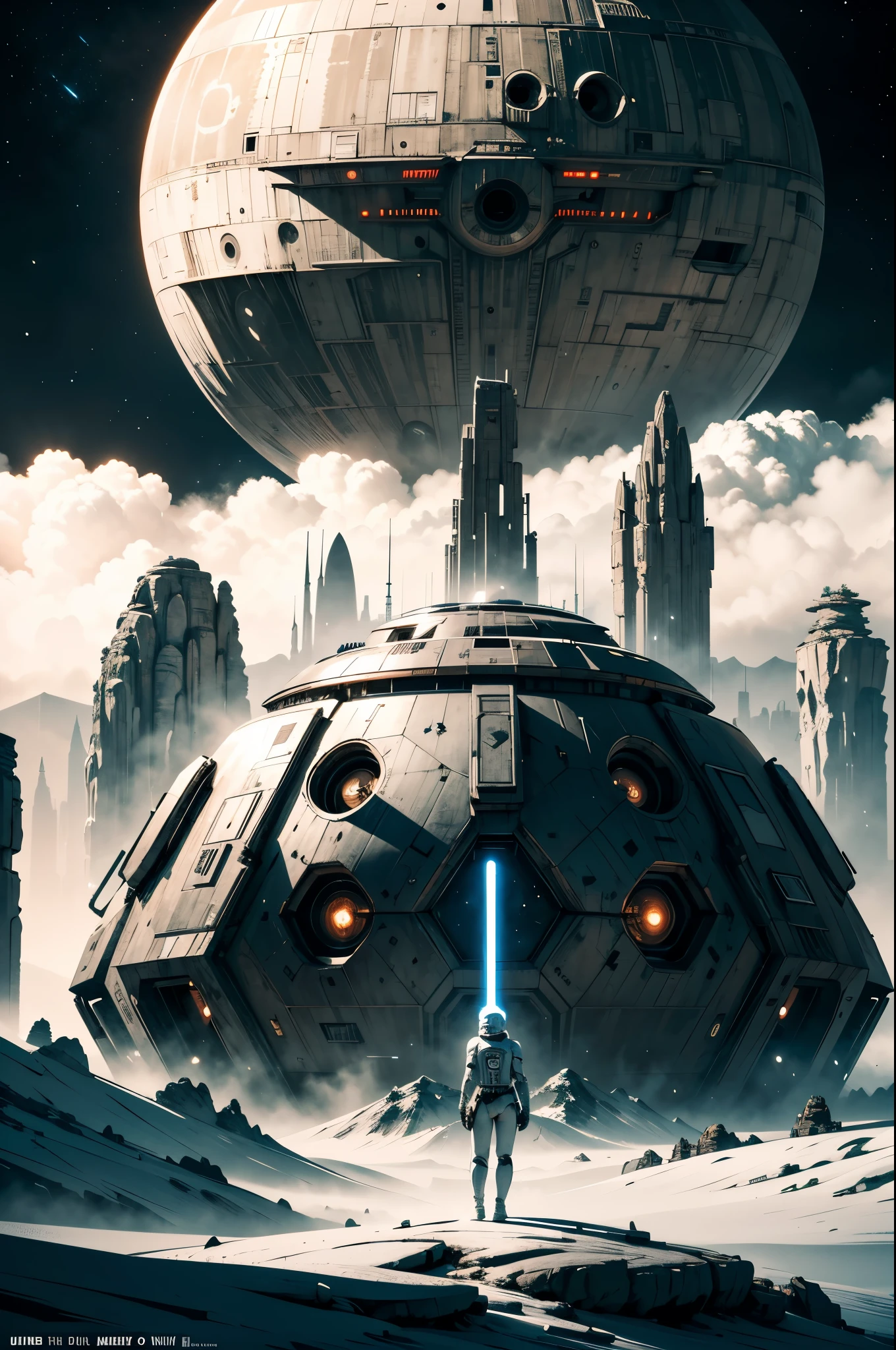 The world of Star Wars, absolutely nothing, pure white, detailed, , a post-apocalyptic world where technology is banned , hyper detailed, professional poster art, bold lines, award winning, trending on ArtStation , FastNegativeV2, ral-dissolve,white eyes