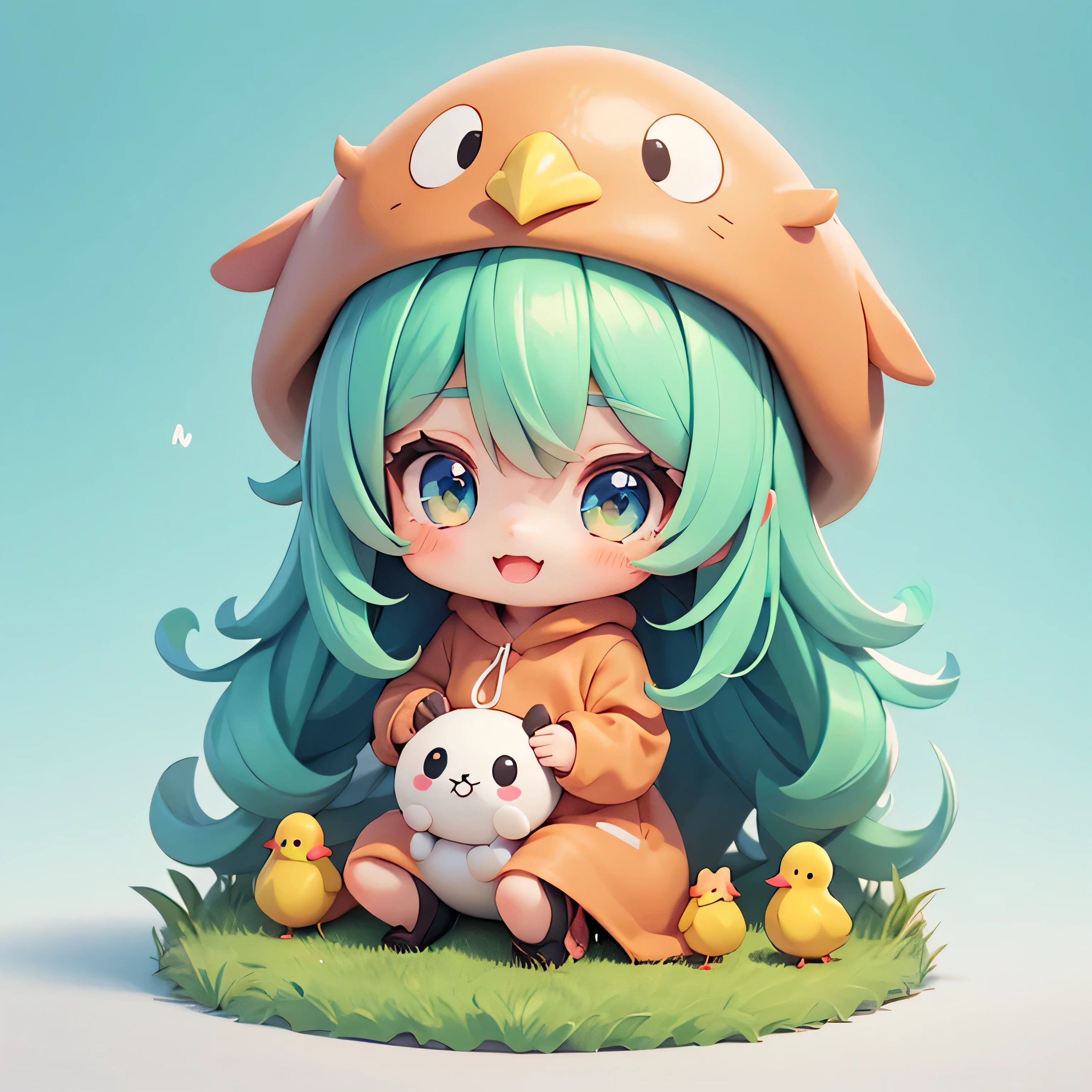 Anime girl with green hair and blue eyes holding a cat - SeaArt AI